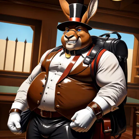 Solo, Male, fat, extremely obese, gentleman, dapper Professor Kangaroo, blue eyes, (posing:1.3), (soft shading), 4k, hi res, ((detailed face, detailed)), looking at viewer, evil grin, steampunk, collared shirt with buttons, top hat, male focus, Explorer Ou...