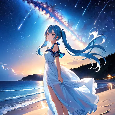 Night sky beach、Moonlit Night、milky way、Lots of shooting stars、Light blue long hair、Beautiful girl with twin tails、White long dress、Face Highlights、