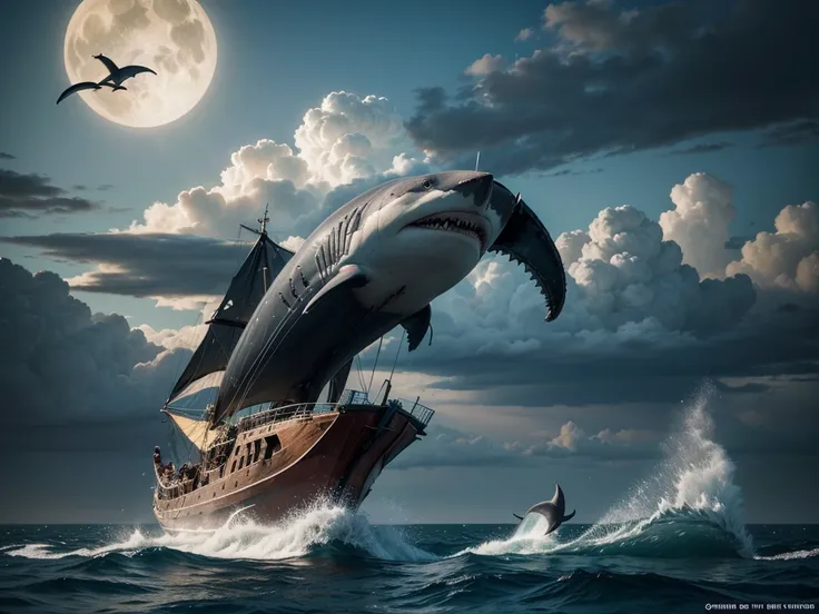 Pintura a oleo, a cat Riding a shaRk with an old ship, fifteenth century galleon type, sailing boat on the backgRound, shaRk cat hybRid, subReddit / R / whale, jean - leon geRome, jean-leon geRome, by Jean-Léon GéRôme, jean leon geRome, they aRe chasing th...