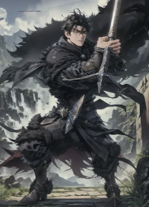 Masterpiece,best quality,Highly detailed,very detailed, Digital Artwork, Levi Bouman,  holding a halberd to pierce the sky, Focus Man, alone, Long shot, full body,  short hair,black hair,blue eyes, mountain, wearing black armor,wearing a black fur coat, el...