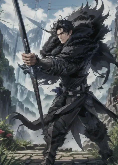 masterpiece,best quality,highly detailed,very detailed, digital artwork, levi bouman,  holding a halberd to pierce the sky, focu...