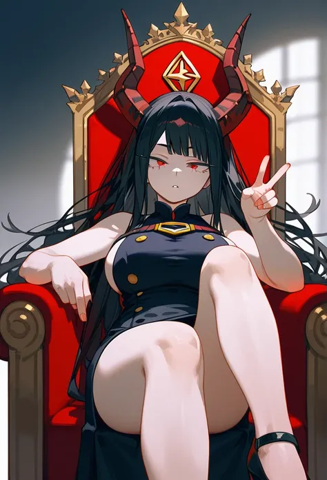 masterpiece, Score_9, Score_8_up, Score_7_up, front view, 1 woman, alone, black hair with red, long hair, split bangs, dark red eyes, half-closed eyes, parted lips, expressionless, pale skin, large breasts, best quality, horns top, long open bangs, basic b...