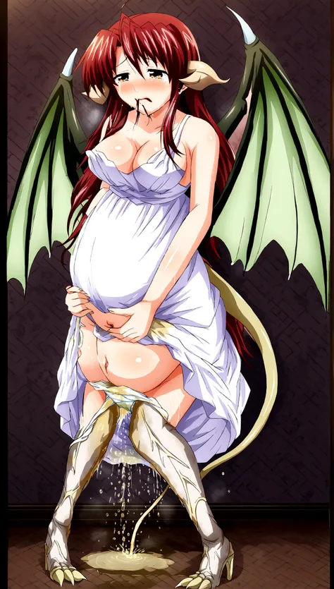 Anime. 1 Girl. Cutie. The girl is a dragon. Red hair. Long hair. Amber eyes. Beautiful eyes. Perfect eyes. Expressive eyes. Ideal face. Ideal anatomical body. Dragon horns. Scaly hands. Clawed hands. Long legs. Scaly legs. Clawed feet. Dragon wings. Dragon...