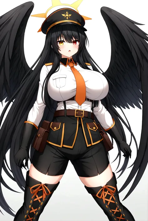 Anime adaptation for this character, (masterpiece) , (best quality), (ultra HD), 4K, tokisaki kurumi, tokisaki kurumi, heterochromia, black hair, very long hair, red right eye, yellow left eye, ornament hair, large breast, white shirt, orange necktie, belt...