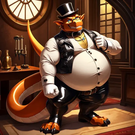 Solo, Male, fat, extremely obese, gentleman, dapper Professor Dragon, blue eyes, (posing:1.3), (soft shading), 4k, hi res, ((detailed face, detailed)), looking at viewer, evil grin, steampunk, collared shirt with buttons, top hat, male focus, Explorer Outf...