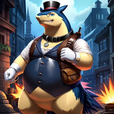 Solo, Male, fat, extremely obese, gentleman, dapper Professor Typhlosion, blue eyes, (posing:1.3), (soft shading), 4k, hi res, ((detailed face, detailed)), looking at viewer, evil grin, steampunk, collared shirt with buttons, top hat, male focus, Explorer ...