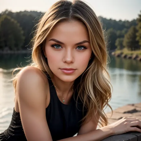 ((Best Quality)), ((Masterpiece)), (Detailed),Masterpiece image, widescreen photographic portrait, lovely beautiful European Happy girl, Bridge over the river in the background, cute face, Oval face shape, Flat cheeks, Wolf Cut hairstyle, thick hair Blonde...