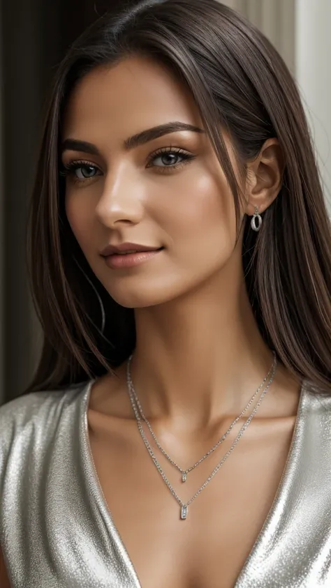 Woman wearing a shiny silver necklace that says Hülya