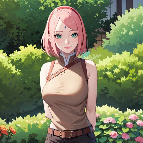 masterpiece, best quality,sharpness,absurdres ,1girl, haruno sakura,forehead mark, red hairband,(knitted sweater:1:1),belt,(cargopants:1), bracelet, looking at viewer, (arms behind head:1.1), smile,, middle large breasts,standing in a garden,arms behind ba...