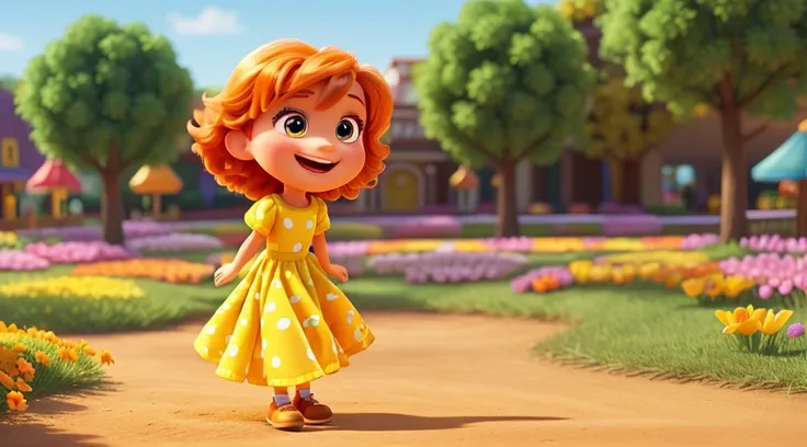 Create the emotion "cheerfulness" disney pixar style: a radiant character, smiling, with bright eyes and energetic posture. Dress her in a yellow and orange dress. Place her in a happy setting, like a flower field or amusement park. Use bright colors and s...