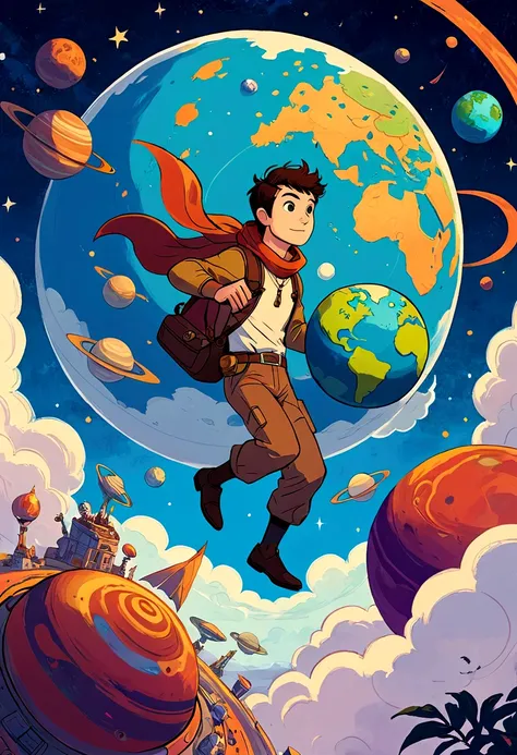 A man flies through the sky，Surrounded by a planet，A variety of goods surround it。The man holds the map，s illustration。