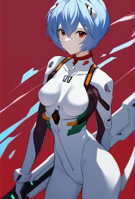 1girl, ayanami rei, solo, red eyes, plugsuit, blue hair, short hair, holding, white bikini, looking at viewer, red background, hair between eyes, breasts, bangs, closed mouth, holding weapon, cowboy shot, weapon, interface headset, chromatic aberration, sm...