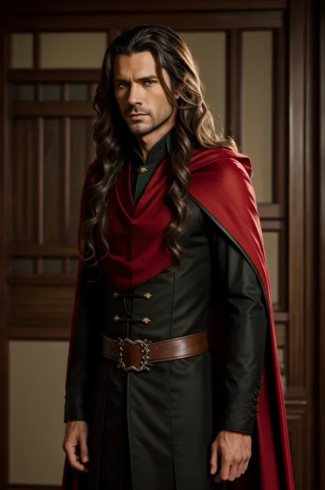 Benji Blackwood, thesis clara, green almond eyes, Brown hair, wavy and a little long, character like from House of the dragon black clothes with a red cape