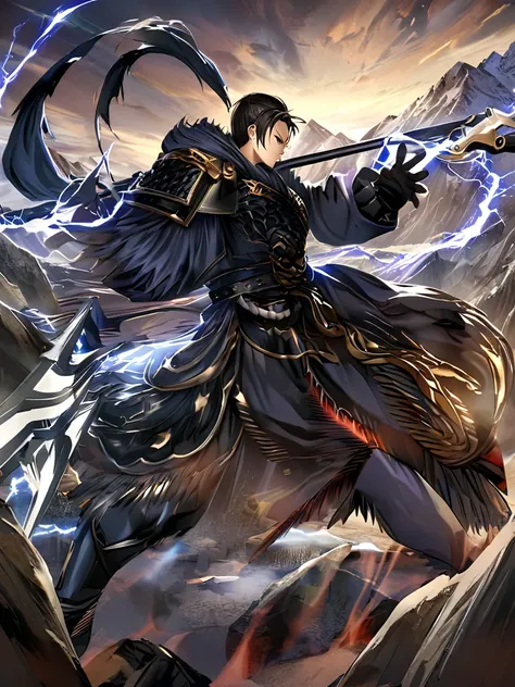 masterpiece,best quality,highly detailed,very detailed, digital artwork, levi buman,  holding a halberd to pierce the sky, focus...