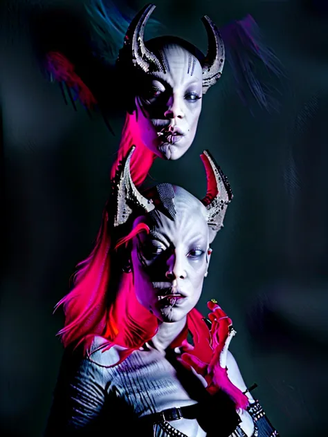 1girl, cute girl, sexy, solo, white  eyes looking at viewer, monochrome, greyscale, bunt bangs, bright red hair, parted lips, horns, black background, full veiw, wide angled, cyberpunk, tragic, gothic horror surellizm (red color pops hair & Lipstick) beaut...