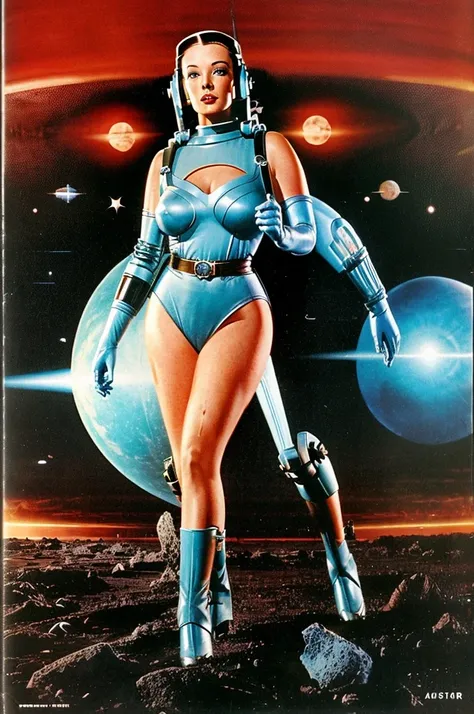 cover of an old science fiction pulp book Space Action and Adventure Space science fiction from the 1940s with Alsion tyler as a astrogirl with your robot and flying saucer, imagem perfeita