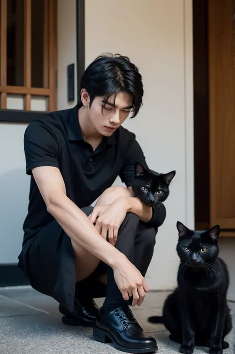 A handsome Asian boy with black hair in a wolfcut is holding a black cat