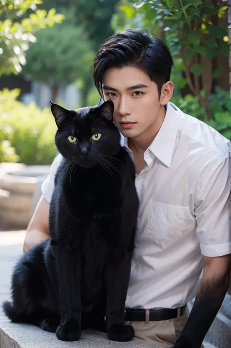 A handsome Asian boy with black hair in a wolfcut is holding a black cat