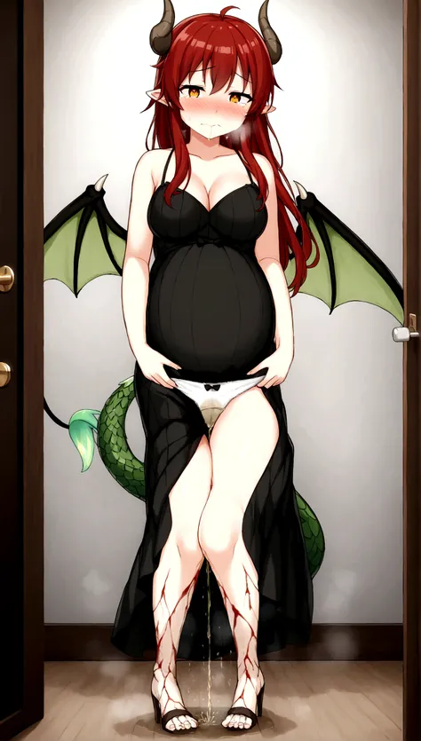 Anime. 1 Girl. Cutie. The girl is a dragon. Red hair. Long hair. Amber eyes. Beautiful eyes. Perfect eyes. Expressive eyes. Ideal face. Ideal anatomical body. Dragon horns. Scaly hands. Clawed hands. Long legs. Scaly legs. Clawed feet. Dragon wings. Dragon...