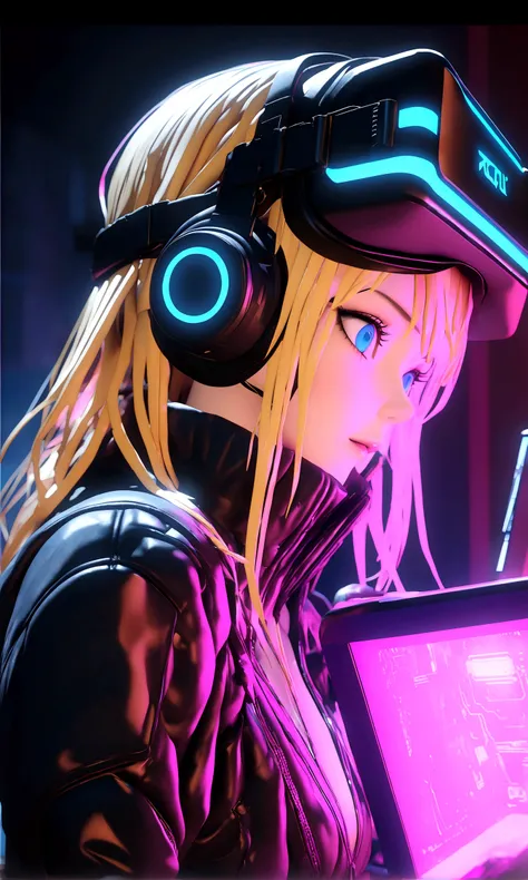 ((Best quality)), ((masterpiece)), (highly detailed: 1.3), 3D, NeonNoir, Naruto Uzumaki cyberpunk, man, blond hair, blue eyes (using the head mounted display that is thick and hi-tech: 1.2), using a cover, hacking a computer terminal, PURPLE NEON MONITOR L...