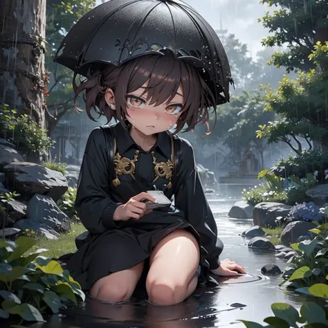 anime, a boy sitting on a ledge in the rain, Tears in the rain, and sad, sad and lonely, emotional image, like tears in the rain at the time of dying, what depression looks like, dark illustration, under the rain, dark faceless people, sad, gloomy and depr...