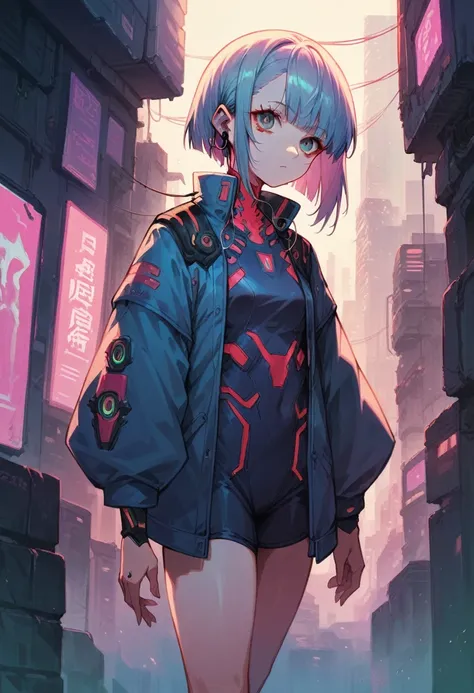 high quality image, futuristic anime style, cyberpunk, a girl in a futuristic city, neon colors, jacket with wide sleeves, earbu...