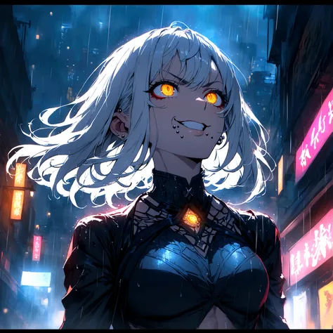 anime women, dark outfit with red and blue details, white hair, (golden dragon eyes) standing in a rain soaked, city street at night, cinematic lighting (best quality:1.2)detailed, neon lights, vivid colors,bokeh, angry looking face with smirk on mouth, pi...