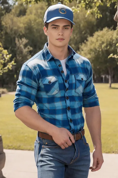 Nicholas Galitzine, ((masterpiece)), ((best quality:1.2)), High Resolution, 8k, male focus, (ultra_realistic:1.3), (photorealistic:1.4), Grayson Dolan, ((masterpiece)), ((best quality:1.2)), realistic, muscular, manly, ((wearing a fitted blue flannel shirt...