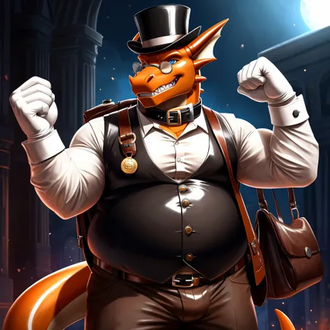 Solo, Male, fat, extremely obese, gentleman, dapper Professor Dragon, blue eyes, (posing:1.3), (soft shading), 4k, hi res, ((detailed face, detailed)), looking at viewer, evil grin, steampunk, collared shirt with buttons, top hat, male focus, Explorer Outf...