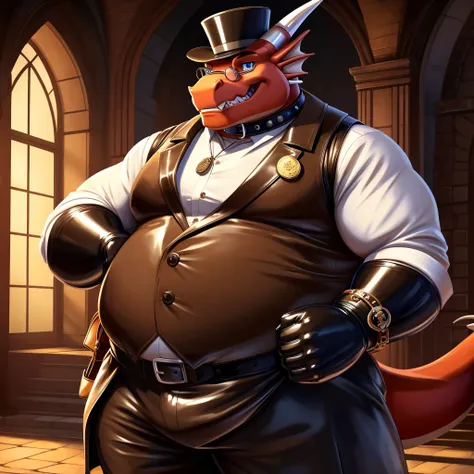 Solo, Male, fat, extremely obese, gentleman, dapper Professor Dragon, blue eyes, (posing:1.3), (soft shading), 4k, hi res, ((detailed face, detailed)), looking at viewer, evil grin, steampunk, collared shirt with buttons, top hat, male focus, Explorer Outf...