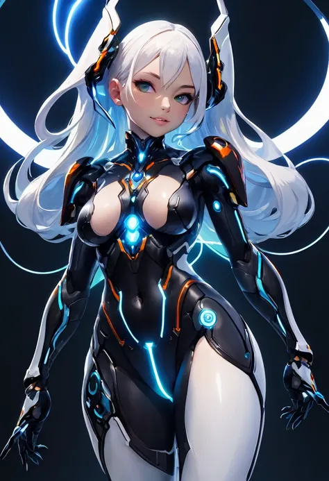 a close-up of a person in a full body suit with a gun, thickness glatte Warframe-Oberschenkel, Neon edges on the underside of the body, extremely detailed skin, thickness, smooth Warframe legs, thickness Warframe-Beine, biomechanical oppai, wlop shiny skin...