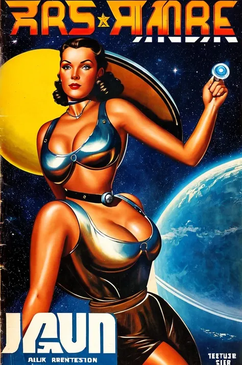 cover of an old science fiction pulp book Space Action and Adventure Space science fiction from the 1940s with Alsion tyler as a astrogirl with your robot and flying saucer, imagem perfeita