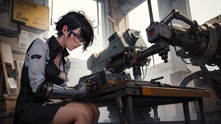 Absurd resolution, high resolution, (work of art: 1.4), hiper-detalhe, young messy black short hair glasses welder dress, very technological robotic arm bench