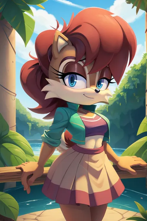 sonic (series), 1girl, anthro chipmunk girl, female mobian, mobian, blunt bangs, short auburn hair, blue eyes, (brown fur:1.3), ...