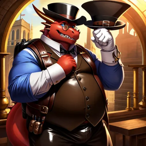 Solo, Male, fat, extremely obese, gentleman, dapper Professor Dragon, blue eyes, (posing:1.3), (soft shading), 4k, hi res, ((detailed face, detailed)), evil grin, steampunk, collared shirt with buttons, top hat, male focus, Explorer Outfit, glasses, monocl...