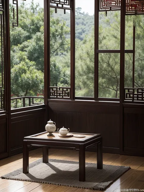 With the blurred gray-black Chinese-style study as the background，A rectangular Chinese-style wood-grain tea table、cup，Create an atmosphere with profound cultural heritage，The layering and classical charm of the picture。