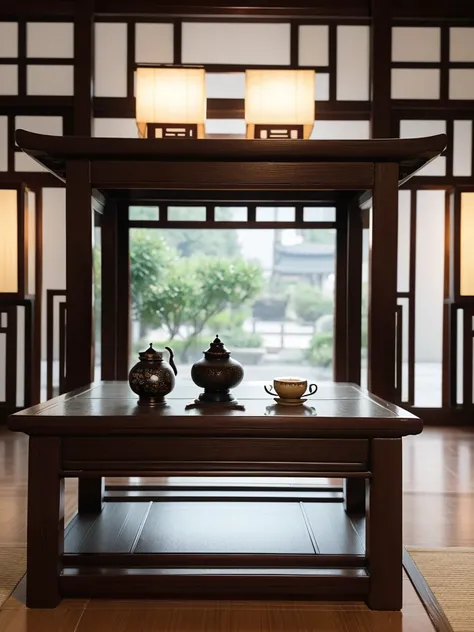 With the blurred gray-black Chinese-style study as the background，A rectangular Chinese-style wood-grain tea table、cup，Create an atmosphere with profound cultural heritage，The layering and classical charm of the picture。