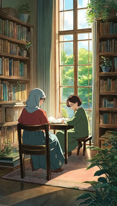 End of scene: Cognitive ability
Art Style: Soft colors and detailed line drawings, 2D animation Ghibli style
Character Design:.
The characters are a mother and a . The mother is intellectual and reading a book. The  is doing homework next to the mother and...