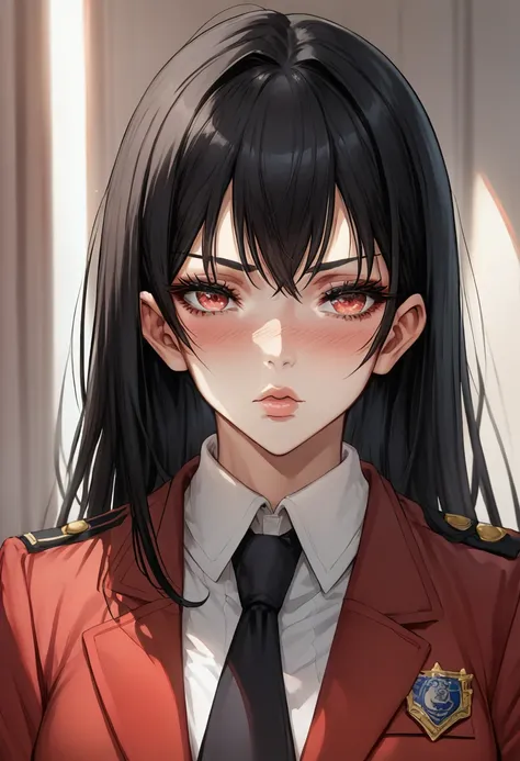 1girl, red blazer, black skirt, academic uniform, black hair, blush, frange émoussée, beautiful detailed eyes, beautiful detaile...