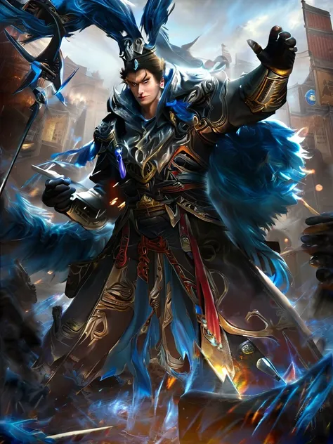 Masterpiece,best quality,Highly detailed,very detailed, Digital Artwork, Lu Buman,  holding a halberd to pierce the sky, focus man, alone, Long shot, full body,  black hair,blue eyes, wearing black armor,Wear a black fur cloak, electricity, fighting postur...