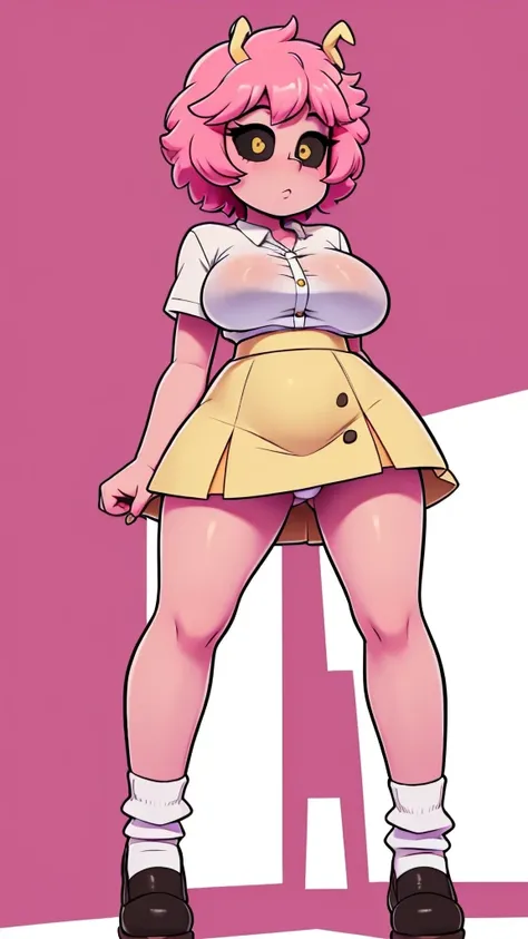 a beautiful sexy woman big breast beauty pink skin short pink hair disheveled her black eye yellow pupil dresses white button down shirt and a short dark green skirt pair of white socks long black shoe