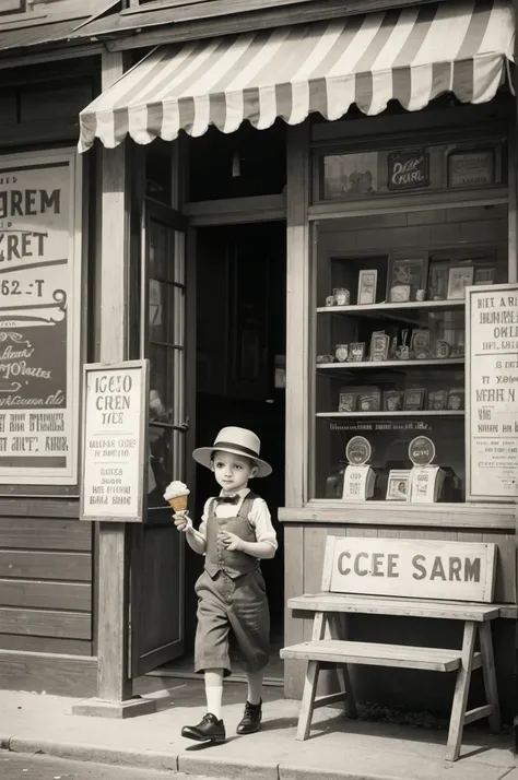 Little boy arriving at an ice cream parlor in the 1920s