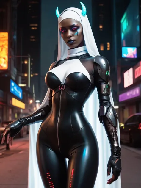 ral-opal, meahophontron, full body, woman cyberpunk face, devil nun, negro, looking at camera, body nun clothes 