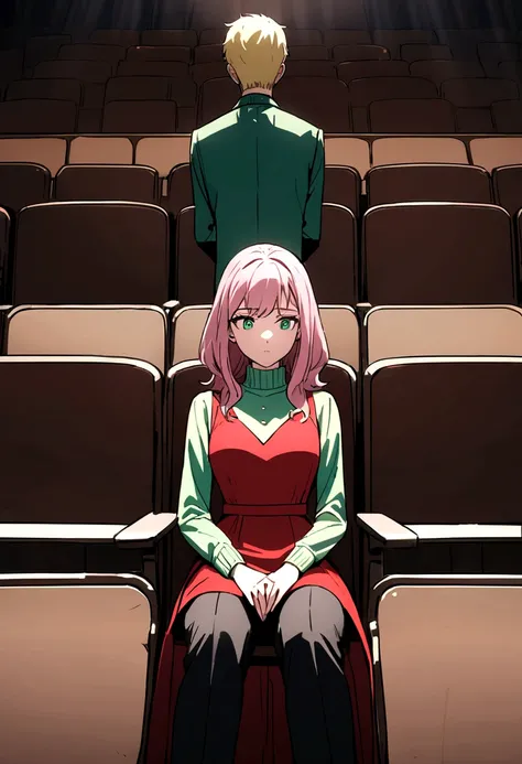 marvel comic white girl , white and pink hair , blue eyes dressed in a red dress and a white boy , blond hair , green eyes dressed in a green sweater and black pants sitting in the auditorium with two with syringes behind the chairs 
