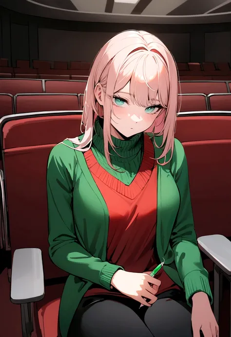 marvel comic white girl , white and pink hair , blue eyes dressed in a red dress and a white boy , blond hair , green eyes dressed in a green sweater and black pants sitting in the auditorium with two with syringes behind the chairs 
