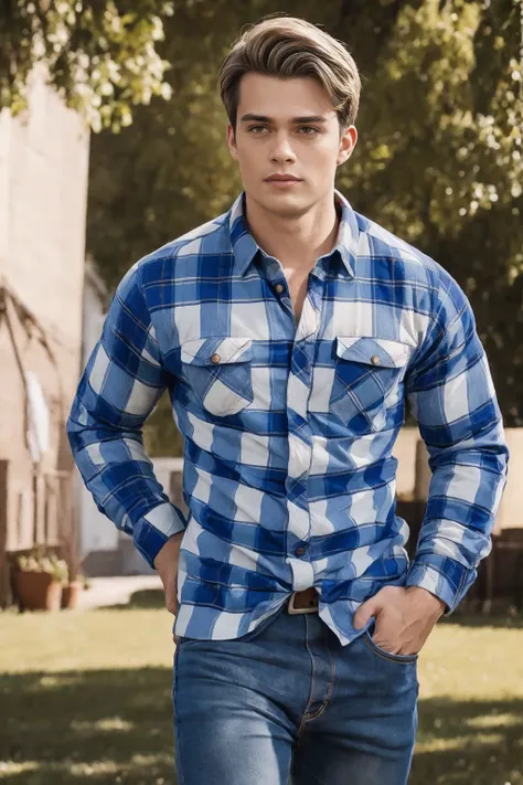 Nicholas Galitzine, ((masterpiece)), ((best quality:1.2)), High Resolution, 8k, male focus, (ultra_realistic:1.3), (photorealistic:1.4), Grayson Dolan, ((masterpiece)), ((best quality:1.2)), realistic, muscular, manly, ((wearing a fitted blue flannel shirt...