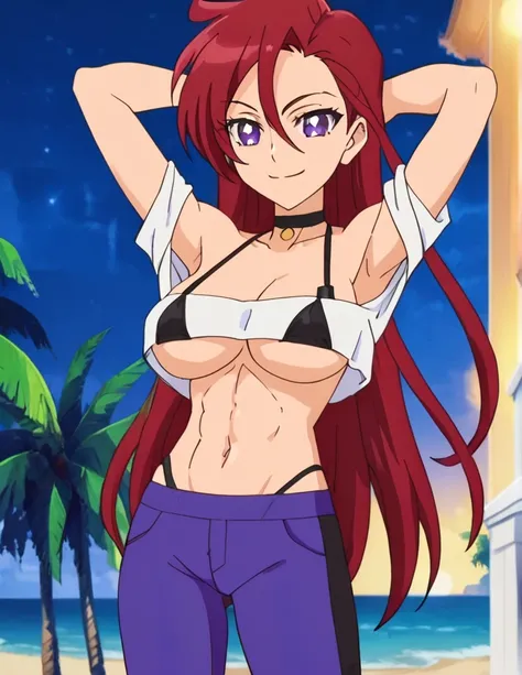 Takizawa Asuka, best quality, red hair, very long hair, hair between eyes, purple eyes, purple pants, capri pants, black choker, off shoulder, high quality, solo, night sky, beach, arms behind head, contrapposto, closed mouth, spread armpits, (cowboy shot:...