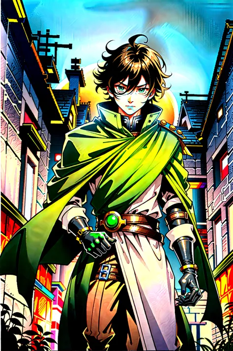 yuichiro hyakuya, (WithoutFear:1), 1 boy, black hair, green eyes, brown coat, gray armor, green shield, green cloak, dark brown gloves, town, fur trim, anime, standing, good quality, portrait, looking at viewer
