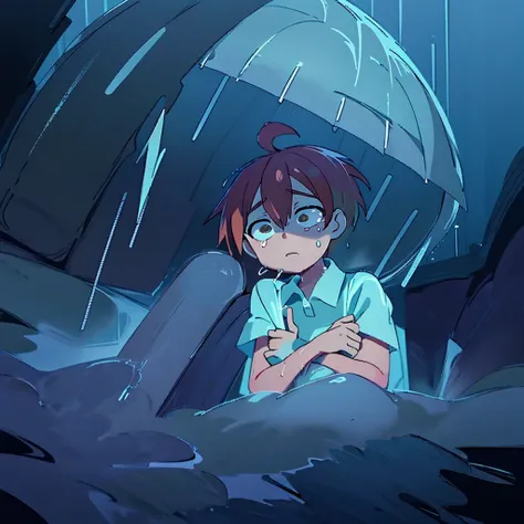 anime, a boy sitting on a ledge in the rain, tears in the rain, and sad, sad and lonely, emotional image, like tears in the rain...