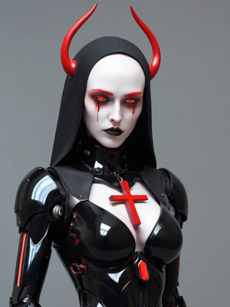 ral-opal, meahophontron, full body, woman robot face, Cyberpunk, devil nun, negro, looking at camera, body nun clothes, red eyes, primer plano looking at camera, realist, beautifull woman, sexy face, black clothes, gray and red, Red high heels, holding red...